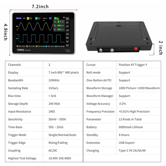 FNIRSI-1013D Dual-Channel Oscilloscope 100MHz Bandwidth 1GSa/s Sampling Rate with 7-Inch Touchscreen and 6000mAh Battery