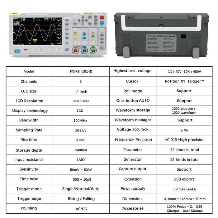 FNIRSI-1014D Dual-Channel Oscilloscope 100MHz Bandwidth 1GSa/s Sampling Rate with DDS Signal Generator and 7-Inch Touchscreen.