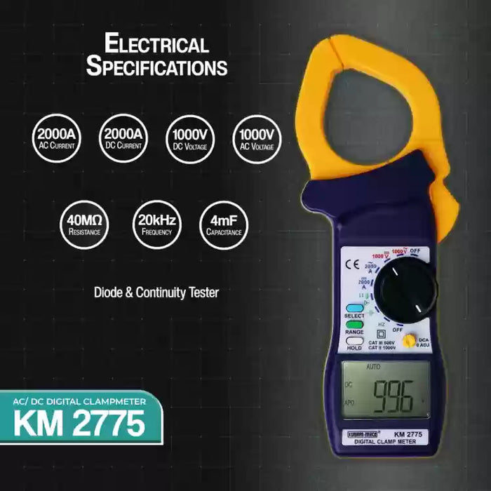 Kusam Meco KM 2775 Digital Clampmeter, 2000A AC/DC, 4000 Count Auto-Ranging, 55mm Jaw, Data Hold & Continuity Testing