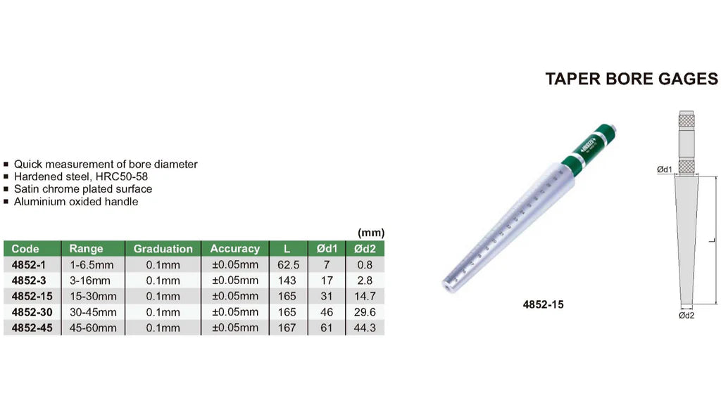 Insize (15-30MM) Taper Bore Gauge 4852-15, ±0.05mm HRC50-58