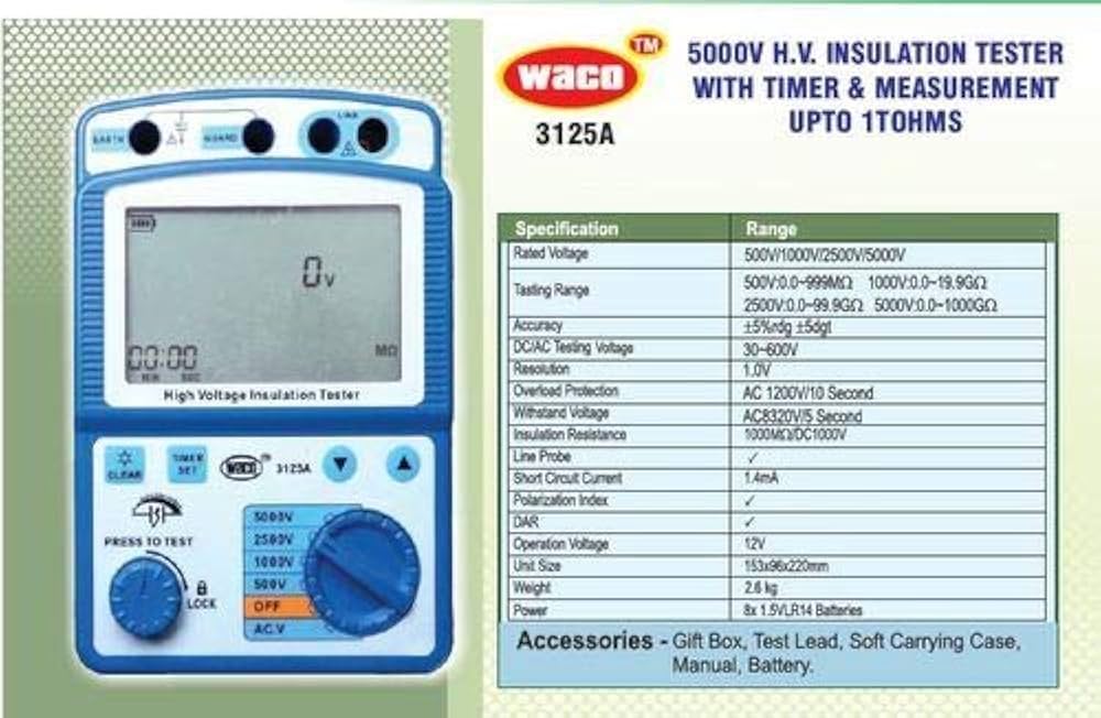 Waco 3125A 500V-5000V Digital Insulation Tester, 1TΩ Range