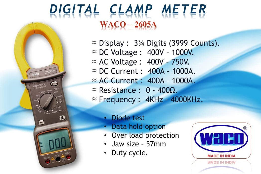 Waco 2605A 3-3/4 Digits 3999 Counts 750/1000V 1000A AC/DC Digital Clamp Meter