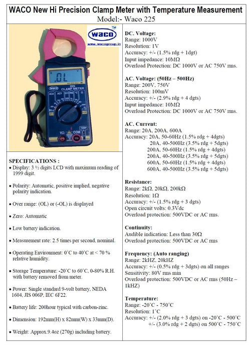 Waco 225 3-1/2 Digits 1999 Counts 1000V 600A Digital Clamp Meter