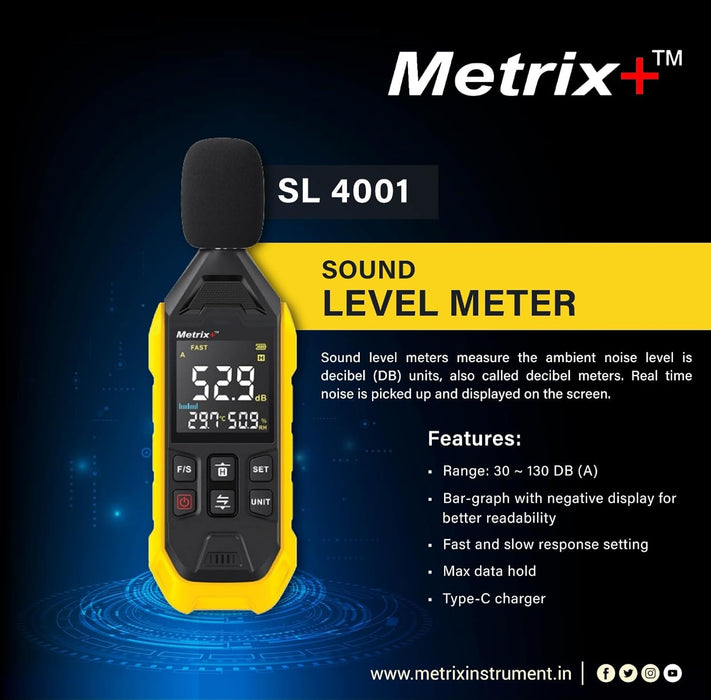 Metrix+ SL 4001 Digital Sound Level Meter 30-130 dB(A) ±1.5 dB Accuracy Bar Graph Display