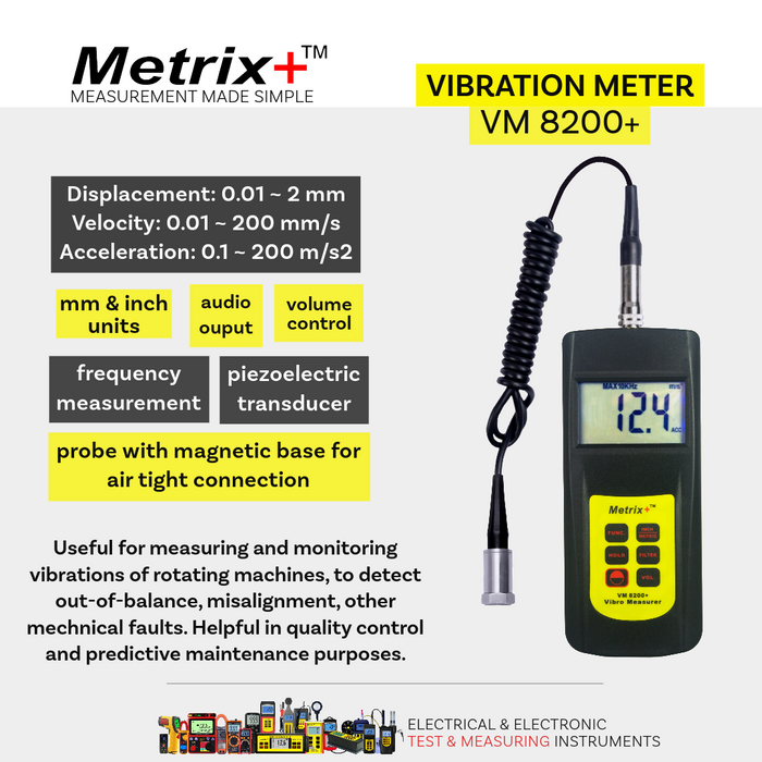 Metrix+ VM 8200+ Digital Vibration Meter, Wide Range (0.1-200 m/s²), True RMS, Piezoelectric Sensor, ISO 2954 Compliant