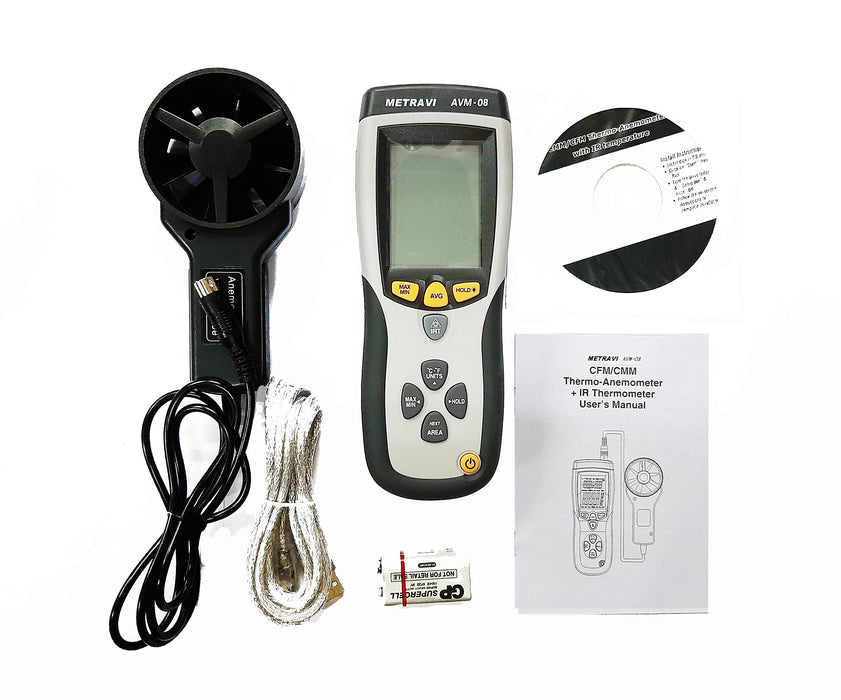 Metravi AVM-08 Thermo-Anemometer with CFM/CMM and built-in Infrared Thermometer