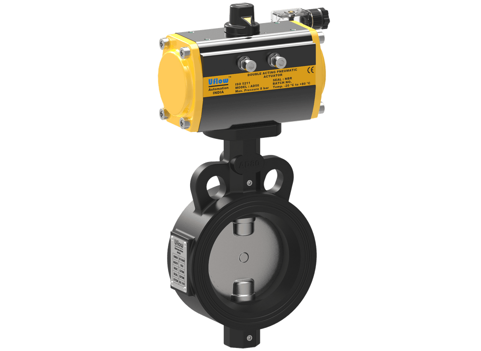 Uflow 2 Inch / 50mm Pneumatic Actuator Operated CI Butterfly Valve PN10 with Limit Switch and Solenoid Valve 12v DC