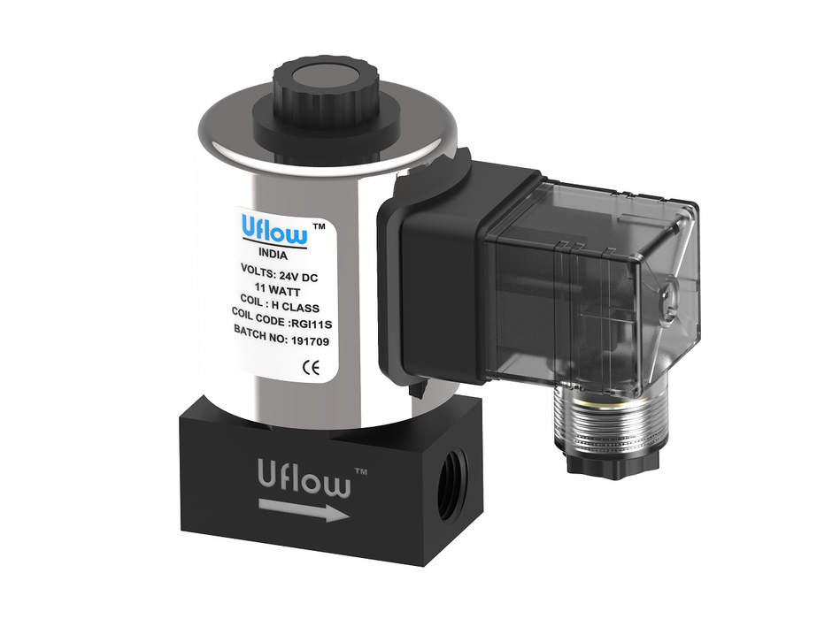 Uflow 1/4 Inch 2/2 Way Direct Acting Solenoid Valve Aluminium Body (0 – 40 Bar) with Metallic Round LED Coil – Normally Close