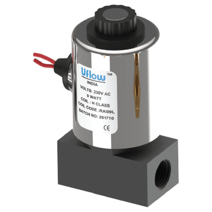 Uflow 1/4 Inch 2/2 Way Direct Acting Solenoid Valve Aluminium Body (0 – 60 Bar) with Metallic Round Coil – Normally Close