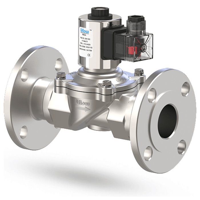 Uflow 2 Inch 2/2 Way Semi-Lift Diaphragm Operated Solenoid Valve SS304 with Metallic Round LED Coil – Flanged Ends