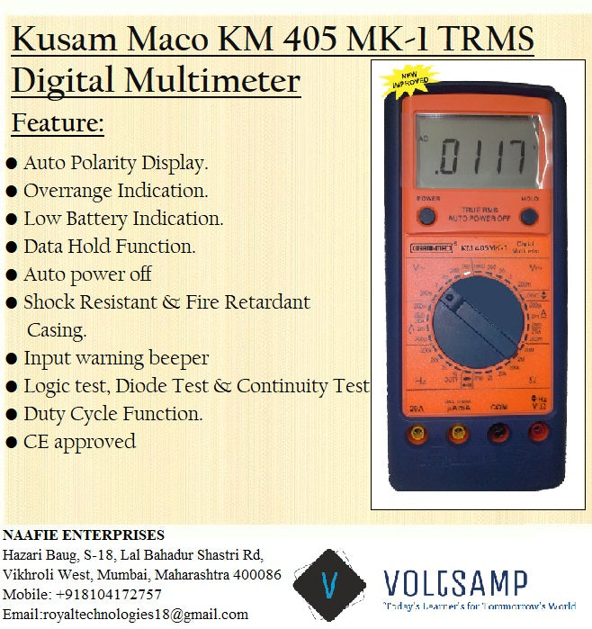 Kusam Meco KM 405-MK-1 Digital Multimeter, 4½ Digit 19,999 Counts, True RMS, High Accuracy, Rugged Design