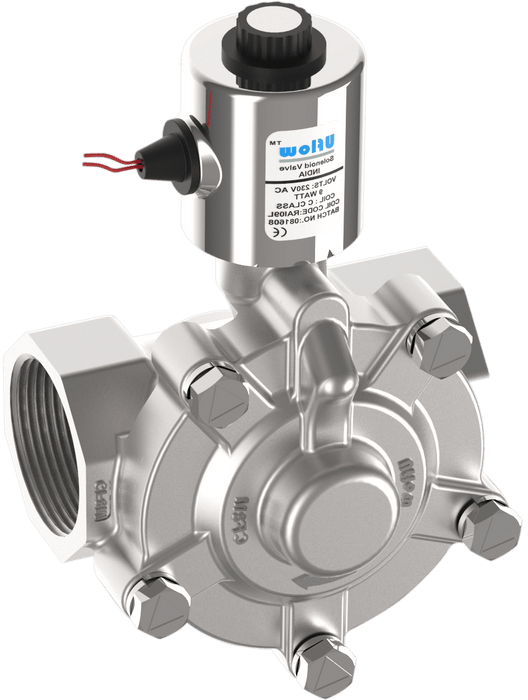 Uflow 1 Inch 2/2 Way Normally Open Pilot Operated Diaphragm Solenoid Valve SS304 with Metallic Round Coil – Screwed Ends