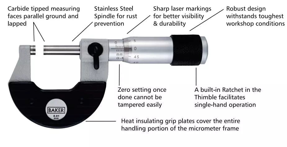 Baker Outside Micrometer Baker 0-25 mm Metric External Micrometer MMC25