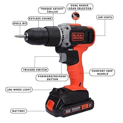 Black & Decker Cordless Drill Black+Decker BCD003C1-QW 18V 2 Speed Drill Driver