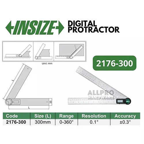 Insize 0-360° 300MM Digital Protractor 2176-300 Resolution 0.1°