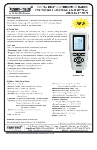 Kusam Meco KM-EP-770 Coating Thickness Gauge - 0 to 2000µm Range