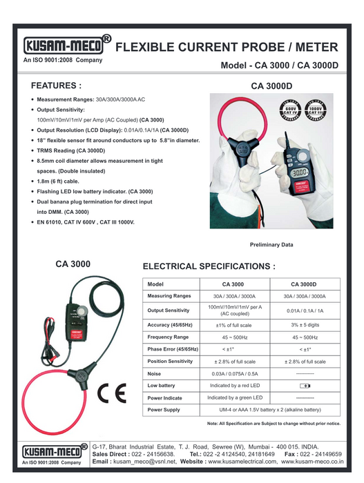 Kusam Meco CA 3000 Flexible AC Current Probe, 3000A Range, 18" Coil, True RMS, CAT IV 600V, 10Hz-10kHz