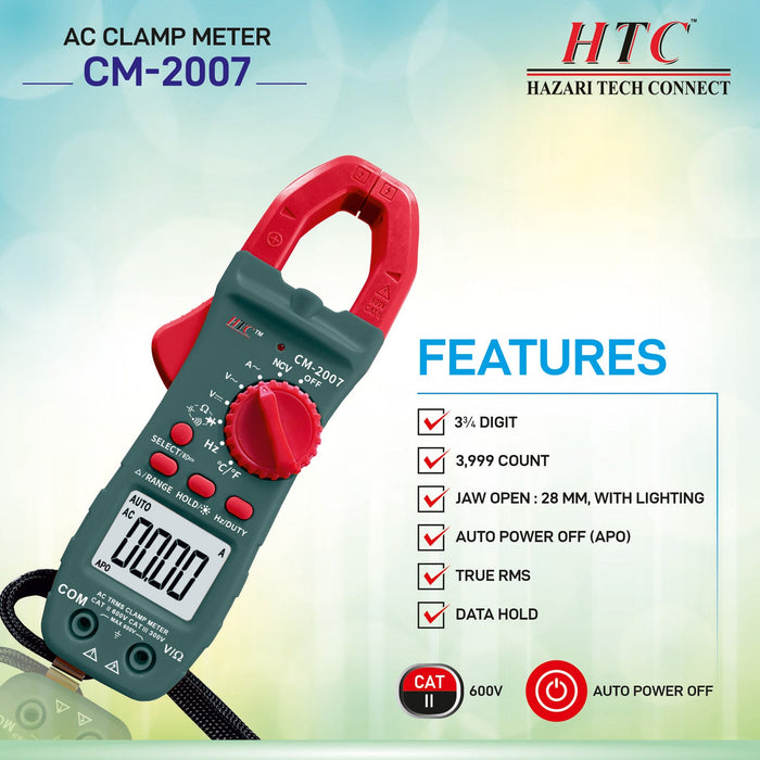 HTC Clamp Meter HTC CM-2007 3¾ Digit 3999 Count True RMS AC Clamp Meter