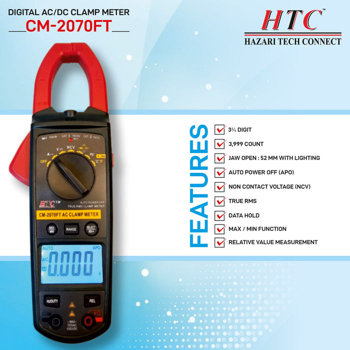 HTC Clamp Meter HTC CM-2070FT 3¾ Digit 4000 Count 4-1000A True RMS AC Clamp Meter