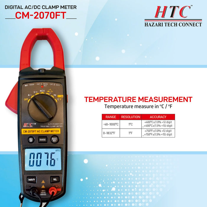 HTC Clamp Meter HTC CM-2070FT 3¾ Digit 4000 Count 4-1000A True RMS AC Clamp Meter