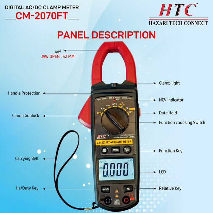 HTC Clamp Meter HTC CM-2070FT 3¾ Digit 4000 Count 4-1000A True RMS AC Clamp Meter