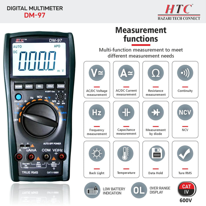 HTC Instruments Digital Multimeter HTC Instruments DM-97 Digital Multimeter with Temp- True Rms