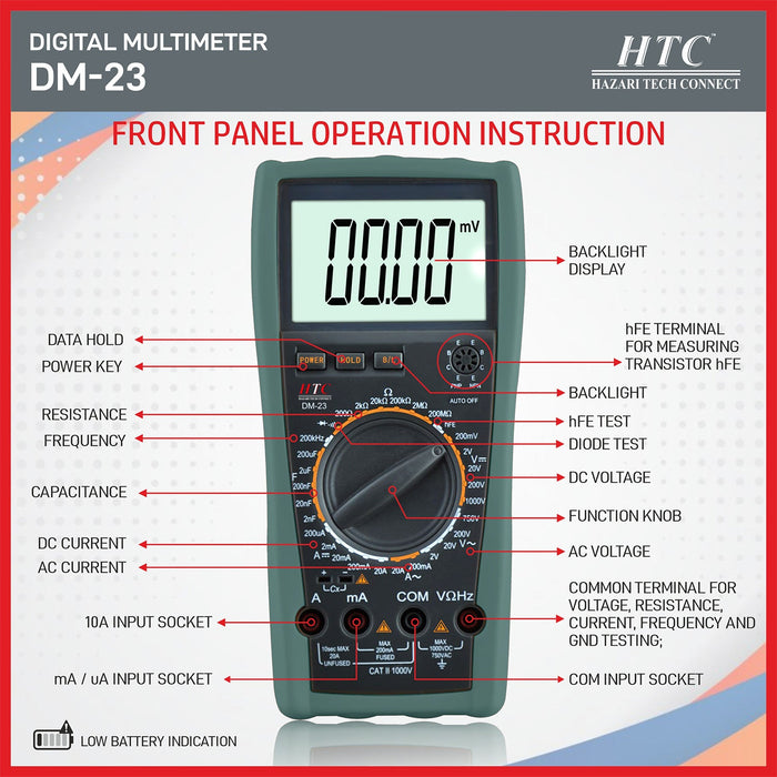 HTC Multimeter HTC DM-23 4½ Digit 19999 Count 20A AC/DC Digital  Multimeter