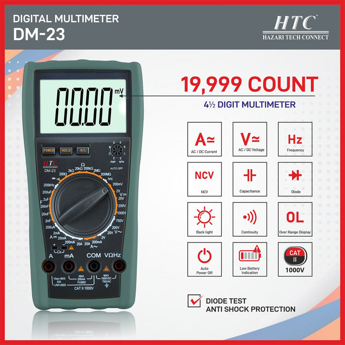 HTC Multimeter HTC DM-23 4½ Digit 19999 Count 20A AC/DC Digital  Multimeter