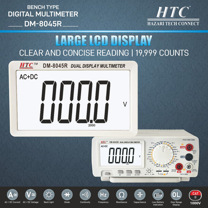 HTC Multimeter HTC DM-8045R 4½ Digit True RMS 20A Dual Display Bench Type Multimeter