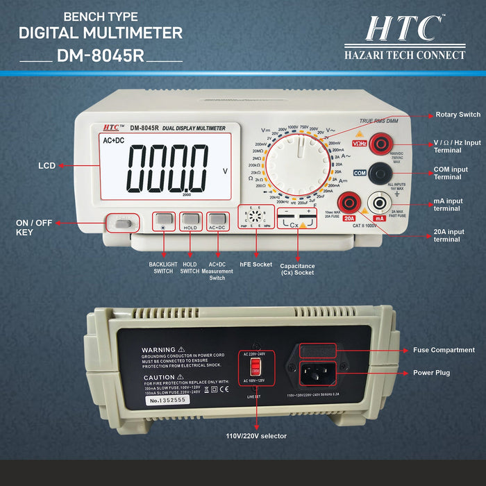 HTC Multimeter HTC DM-8045R 4½ Digit True RMS 20A Dual Display Bench Type Multimeter