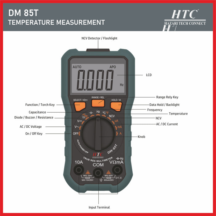 HTC Multimeter HTC DM-85T 3⅚ Digit 5999 Count True RMS 600μA-10A Digit Multimeter