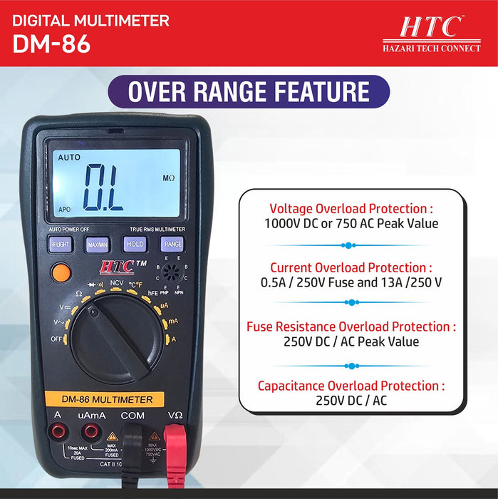 HTC Multimeter HTC DM–86 3½ Digit 1999 Count 200μA-20A True RMS Manual Multimeter with Backlight