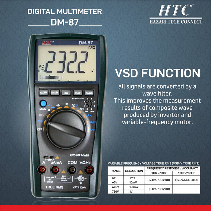 HTC Multimeter HTC DM–87 3-6/7 Digit 5999 Count 600μA-20A True RMS AC/DC Digital Multimeter