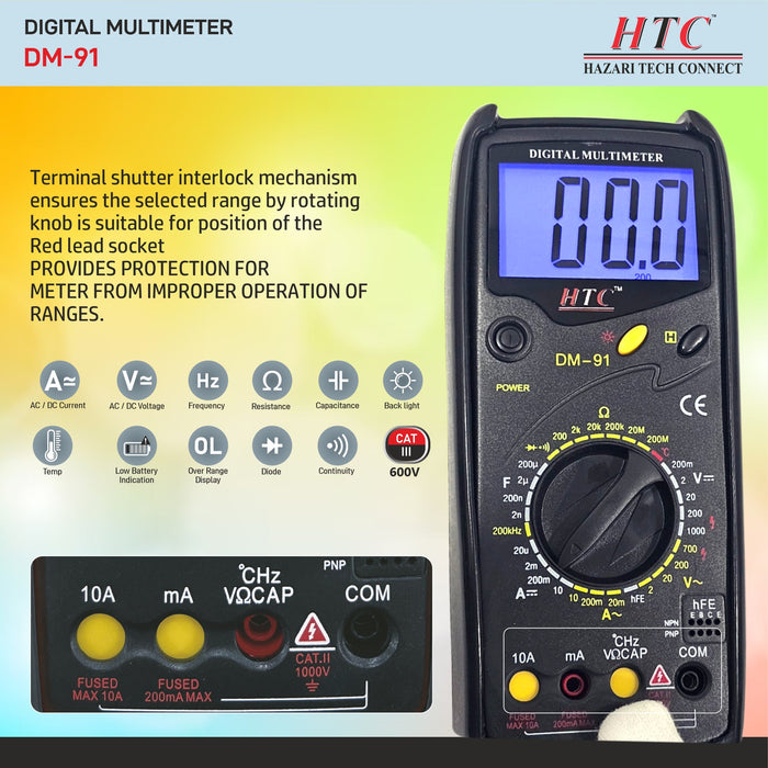 HTC Multimeter HTC DM–91 3½ Digit 1999 Count 20µA-10A True RMS AC/DC Digital Multimeter