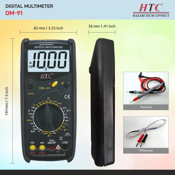 HTC Multimeter HTC DM–91 3½ Digit 1999 Count 20µA-10A True RMS AC/DC Digital Multimeter