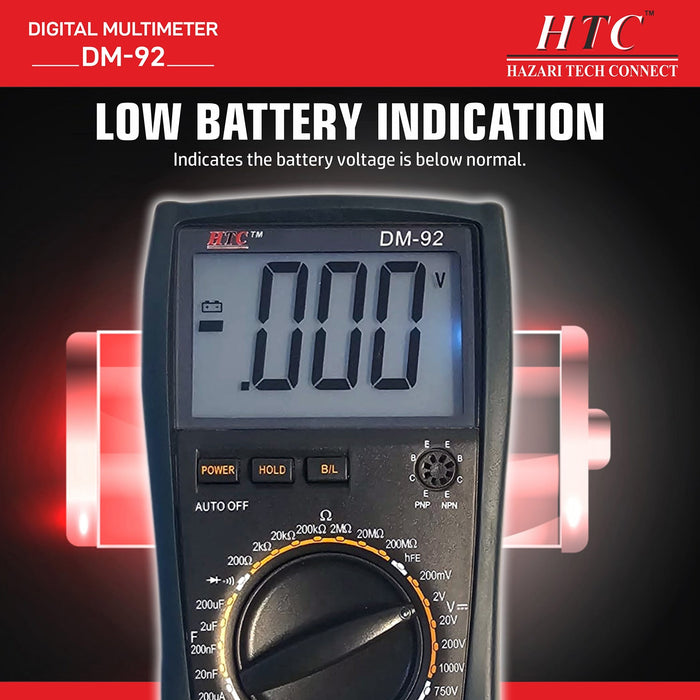 HTC Multimeter HTC DM–92 3½ Digit 1999 Count 20A True RMS AC/DC Digital Multimeter