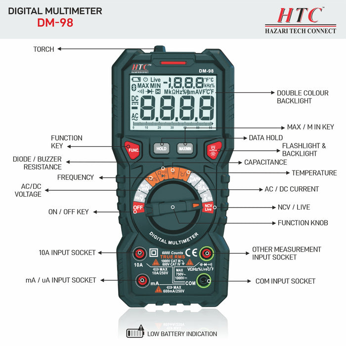 HTC Multimeter HTC DM-98 3-5/6 Digit 5999 Count 600μA-10A True RMS AC/DC Digital Multimeter