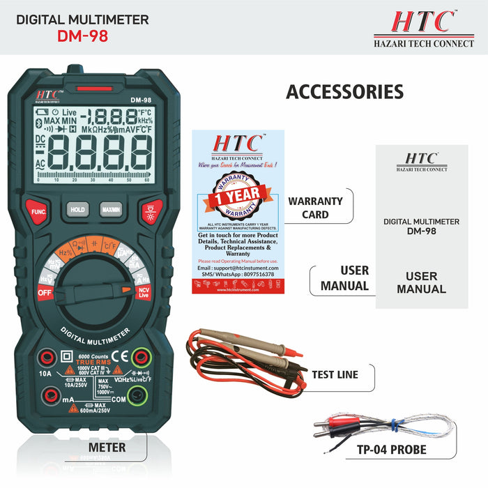 HTC Multimeter HTC DM-98 3-5/6 Digit 5999 Count 600μA-10A True RMS AC/DC Digital Multimeter