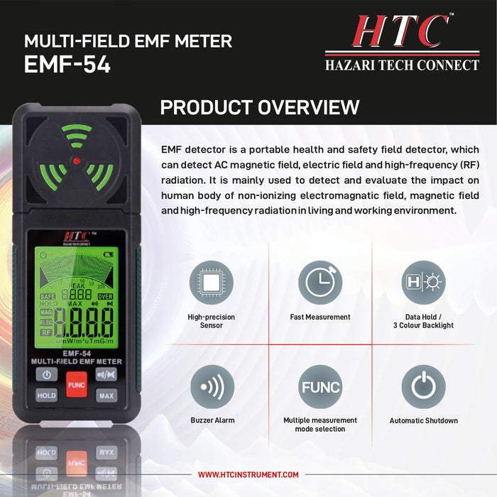 HTC Radiation Dector HTC EMF-54 Portable 3-in-1 Electromagnetic Field Radiation Detector for EF, RF, MF, Wi-Fi Signal