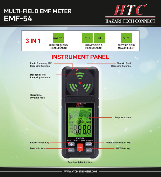 HTC Radiation Dector HTC EMF-54 Portable 3-in-1 Electromagnetic Field Radiation Detector for EF, RF, MF, Wi-Fi Signal