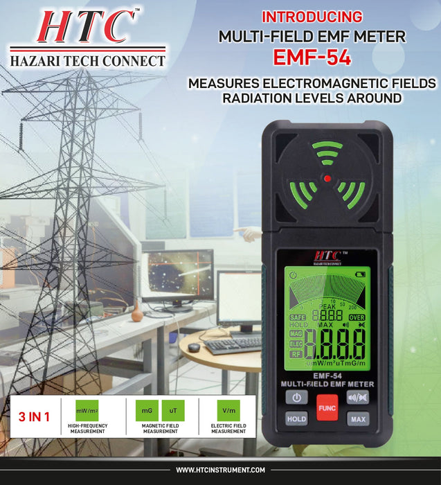 HTC Radiation Dector HTC EMF-54 Portable 3-in-1 Electromagnetic Field Radiation Detector for EF, RF, MF, Wi-Fi Signal