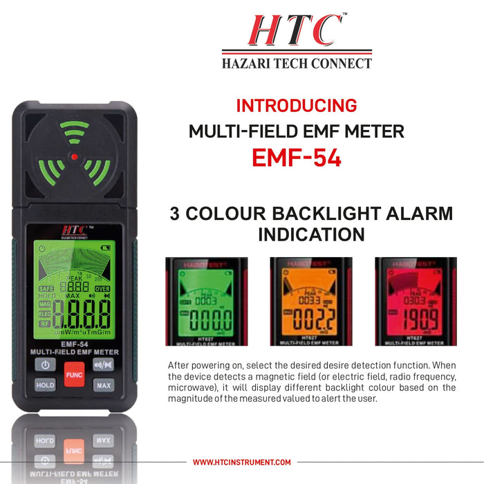 HTC Radiation Dector HTC EMF-54 Portable 3-in-1 Electromagnetic Field Radiation Detector for EF, RF, MF, Wi-Fi Signal