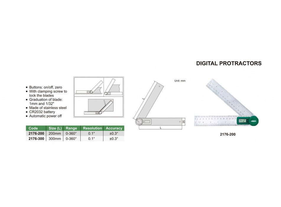 Insize 0-360° 200MM Digital Protractor 2176-200 Resolution 0.1°