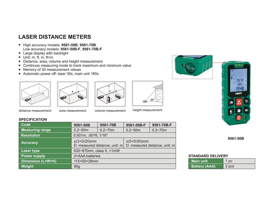 Insize 0.2~50M Laser Distance Meter 9561-50B Large Display with Backlight