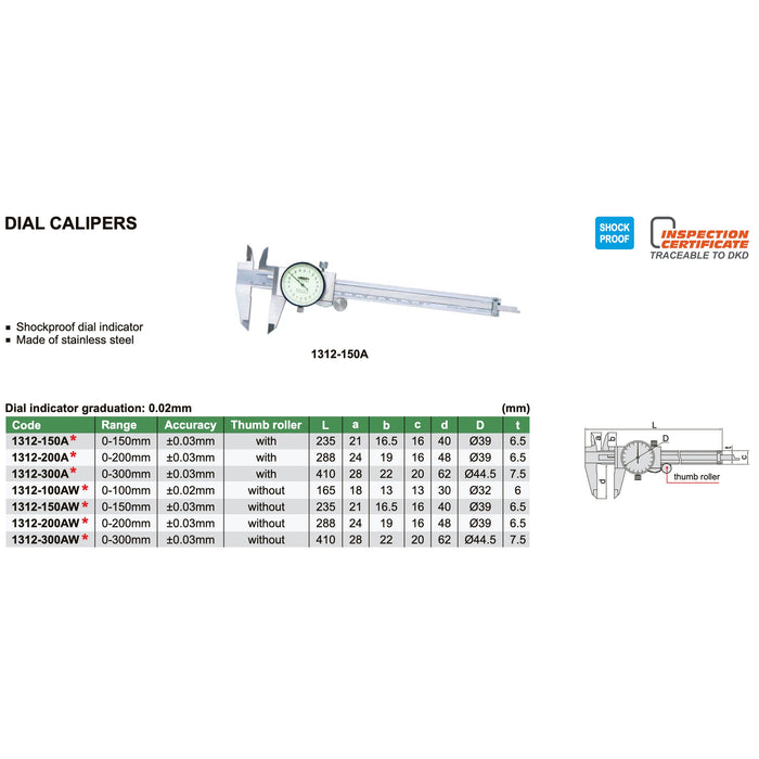 Insize Vernier Caliper Insize 0-150MM Dial Vernier Caliper 1312-150A (0.01MM), +0.03MM