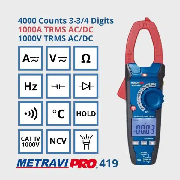 Metravi Clamp Meter Metravi PRO 419 3-3/4 Digit 4000 Count, 1000V Digital TRMS AC/DC Clamp Meter