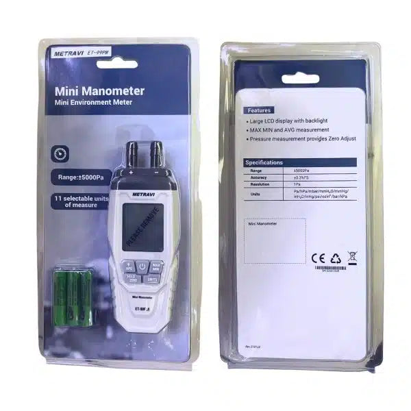 Metravi Manometer Metravi ET-99P Differential Pressure Manometer, Pressure from -5000Pa to +5000Pa.