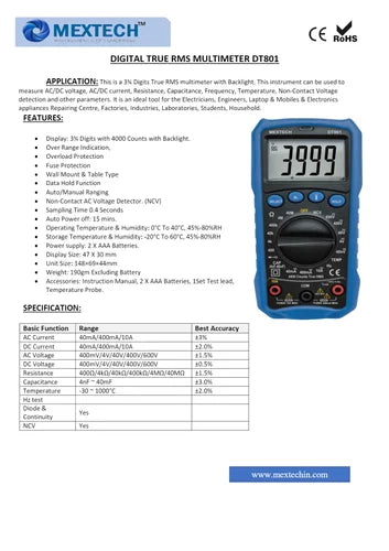 Mextech Multimeter Mextech 3¾ Digits 4000 Counts True RMS multimeter with Backlight