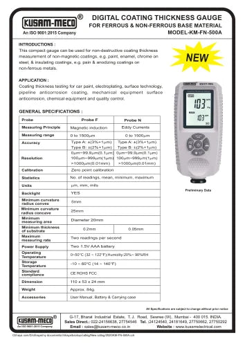 Kusam Meco KM-FN-500A Coating Thickness Gauge - 0 to 1500µm for Ferrous & Non-Ferrous Materials