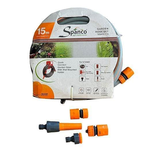 Spanco Agro & Garden Irrigation Falcon-Spanco Garden Hose Pipe Set, SGHS 115 Includes 15 meter Hose Pipe, Hose Hanger, Nozzle, Connector, Adaptor & Water stop Connector | Pipe for Garden, Home and Washing